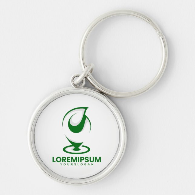 Grön abstrakt vattendroppe och glob logotyp rund silverfärgad nyckelring (Framsidan)