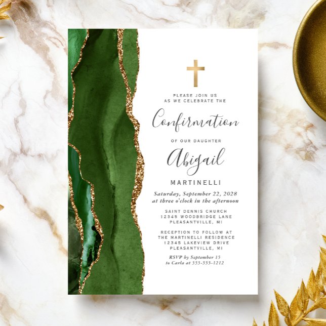 Grön Agat Guld Glitter Konfirmation Inbjudningar (Skapare uppladdad)