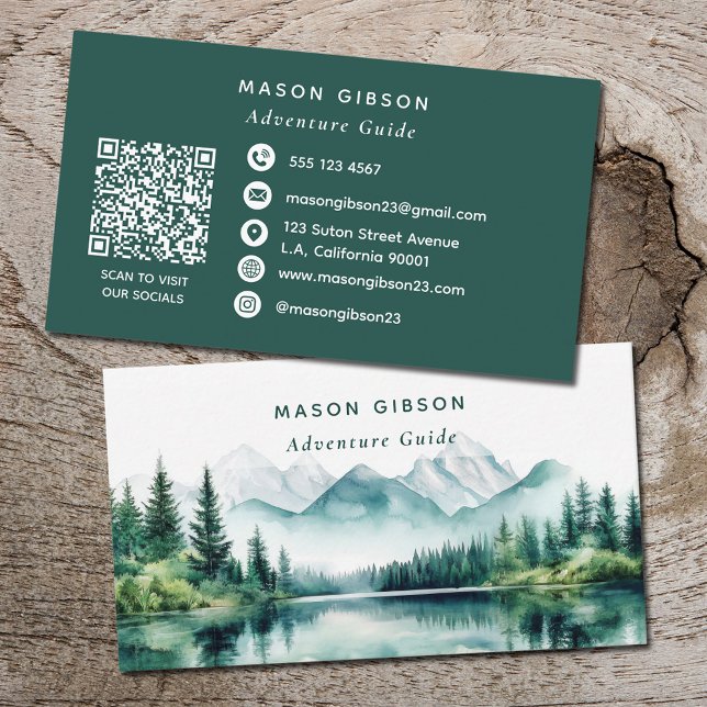 Grön akvarell Bergs äventyrs guide Qr-kod  Visitkort (Skapare uppladdad)