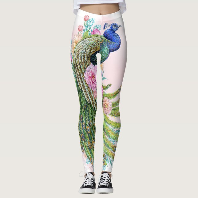 Grön akvarell påfågelskönhet – Elegant konst Leggings (Framsida)