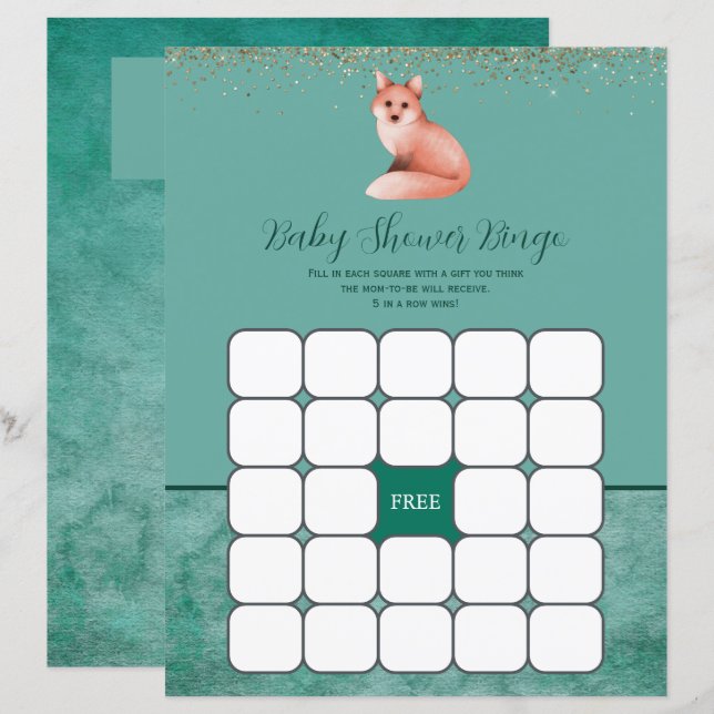 Grön akvarell Rävgravid Shower Bingo Spel (Fram/baksida)