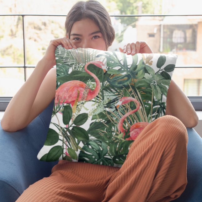 Grön akvarellflamingo Tropiska blad Kudde (Skapare uppladdad)