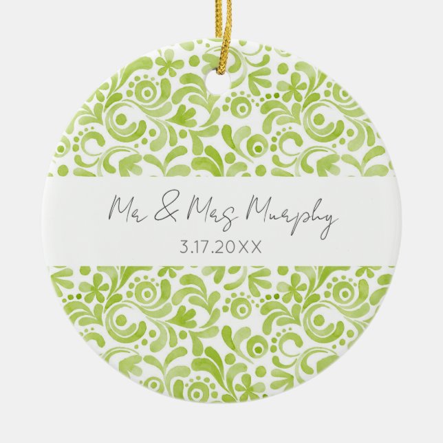 Grön akvarellkonst Bröllop NAMN DATUM Minne Julgransprydnad Keramik (Framsidan)