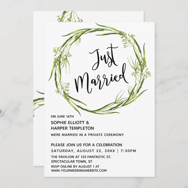 Grön akvarellkrans Just Married typografi Inbjudningar (Fram/baksida)