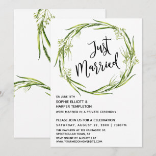 Grön akvarellkrans Just Married typografi Inbjudningar