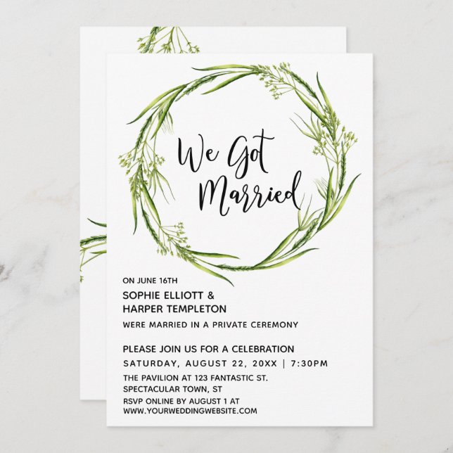 Grön akvarellkrans Vi Gift Oss Typografi Inbjudningar (Fram/baksida)