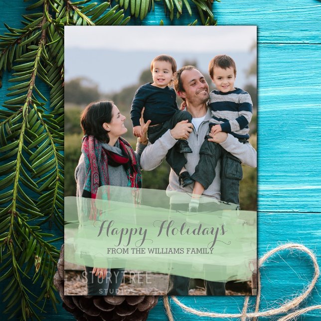 Grön akvarellpenseldrag Holiday Fotokort Julkort (Green Watercolor Brushstroke Holiday Photo Card)