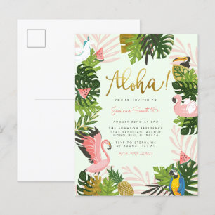 Grön Aloha Hawaii Tropical Guld Födelsedagsfest Inbjudan Vykort