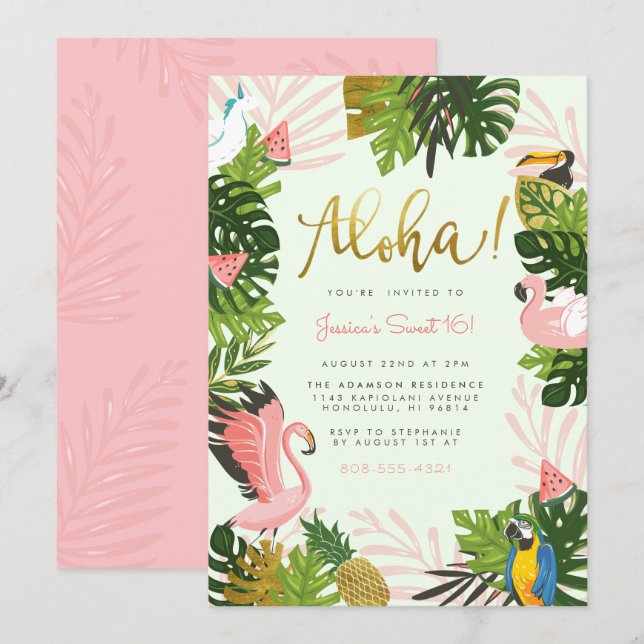 Grön | Aloha Hawaii Tropical Guld Födelsedagsfest Inbjudningar (Fram/baksida)