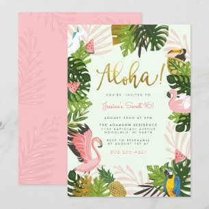 Grön Aloha Hawaii Tropical Guld Födelsedagsfest Inbjudningar