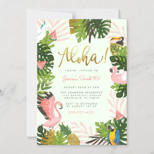 Grön Aloha Hawaii Tropical Guld Födelsedagsfest Magnetisk Inbjudningskort