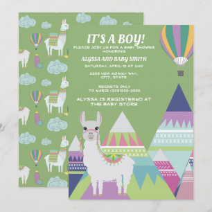 Grön Alpaca Ballong Pojke Bebis Shower Inbjudningar