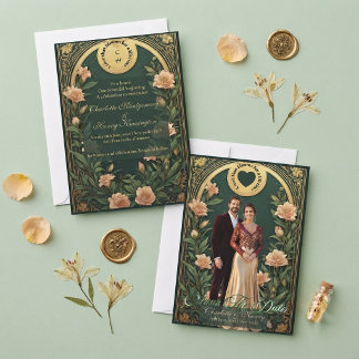 Grön Alphonse Mucha Guld Elfenbensbåge Bröllopsfot Spara Datumet