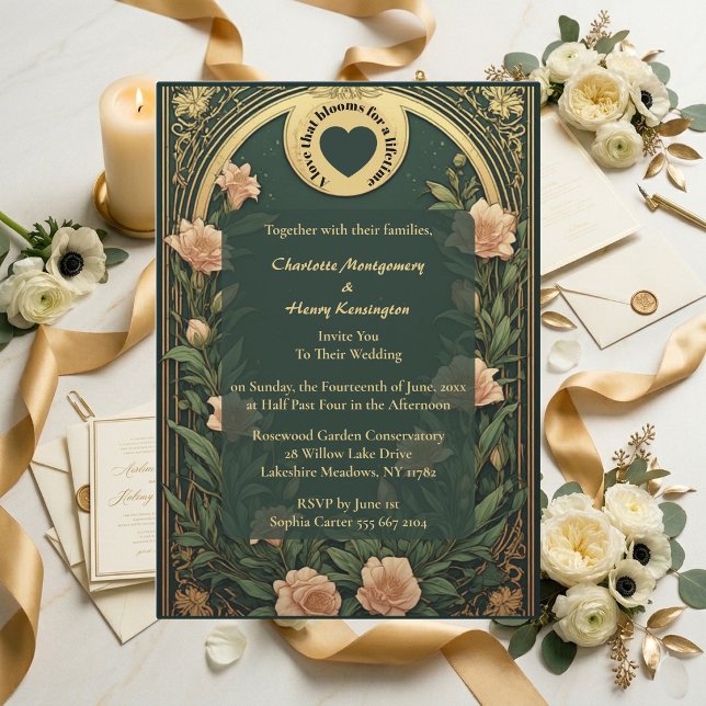 Grön Alphonse Mucha Guld Ornamenterad Liljevalvsbr Inbjudningar (Green Alphonse Mucha Gold Ornate Lily Arch Wedding Invitation)