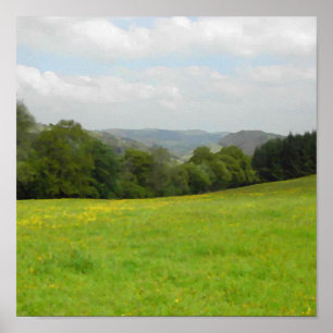 Grön äng. Bygdscenery. Poster
