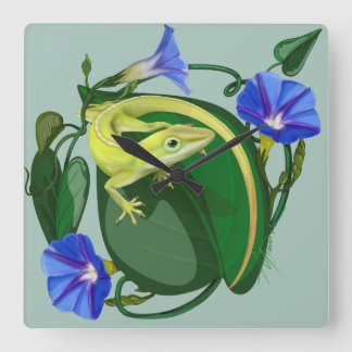 Grön Anole med Ängsgloria  Fyrkantig Klocka