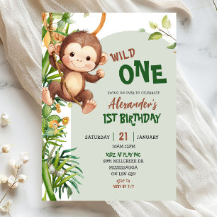 Grön apa Wild One Safari Första födelsedag Inbjudningar