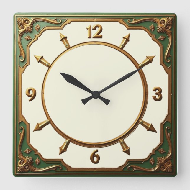 Grön Art Deco Fyrkantig Klocka (Framsida)