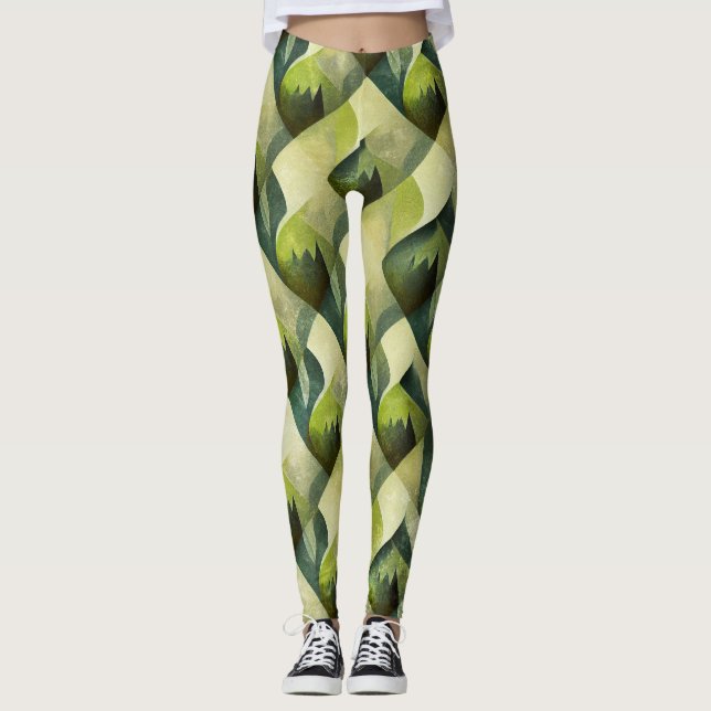 Grön Art Deco Geometrisk Mönster Leggings (Framsida)