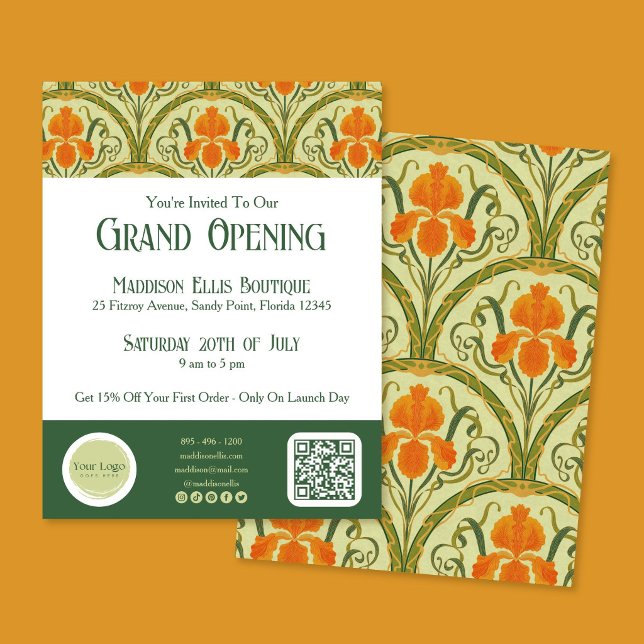 Grön Art Nouveau Blommig Invitationsfolder för Sto Reklamblad (Green Art Nouveau Floral Grand Opening Flyer)