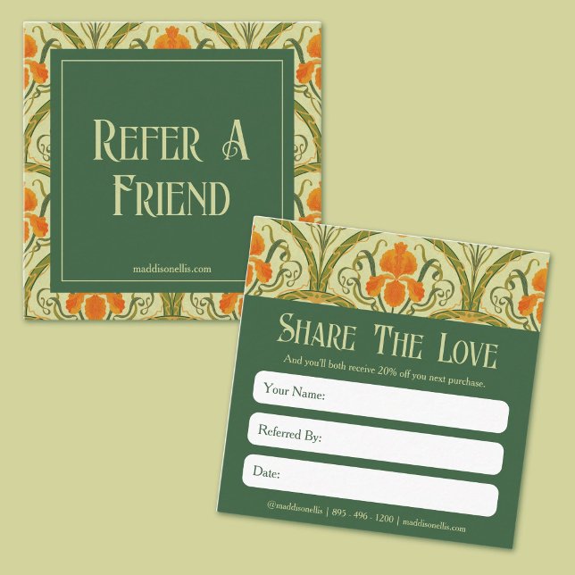 Grön Art Nouveau Blommig Referens Kort (Green Art Nouveau Floral Referral Card)
