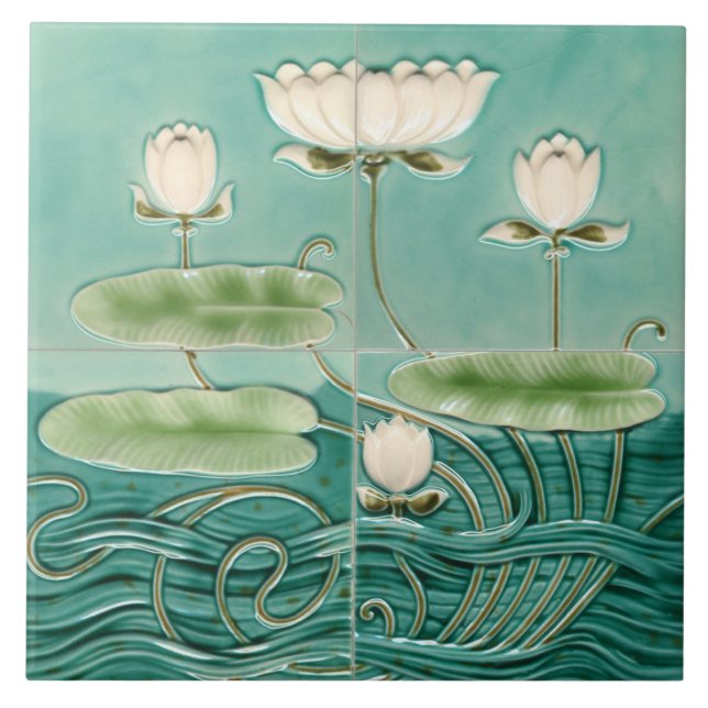 Grön Art Nouveau Jugendstil Näckros Kakelplatta (Framsidan)