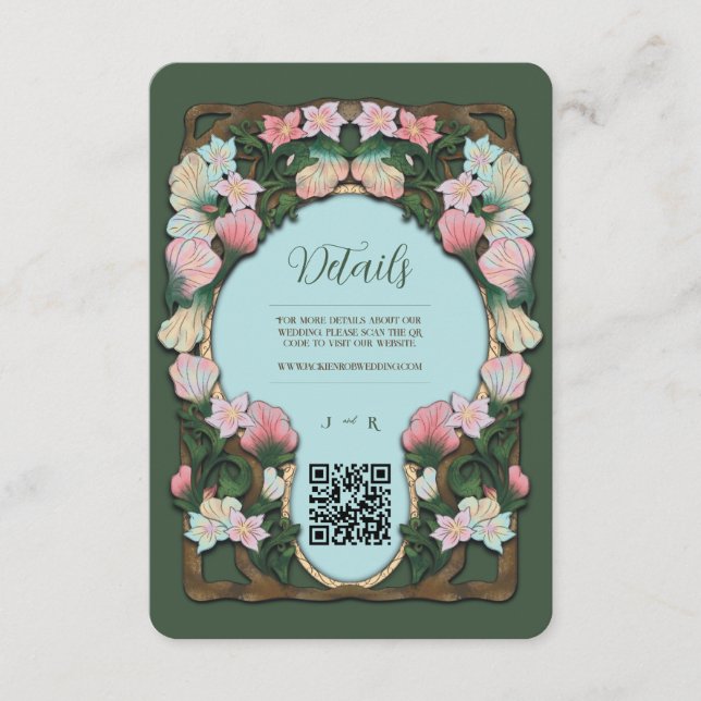 Grön Art Nouveau QR-kod Bröllopsbiljett Tilläggskort (Framsida)