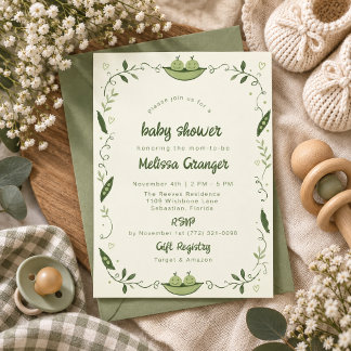 Grön ärtskida tvilling baby shower inbjudan