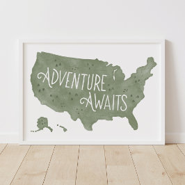 Grön äventyr väntar US Karta Barnkammar Dekoration Poster