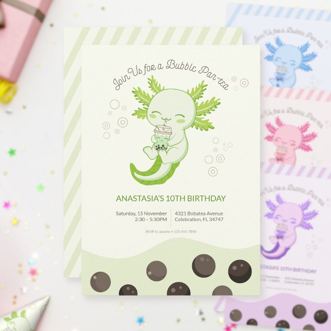 Grön Axolotl Bubble Boba Te Födelsedagsfest För Ba Inbjudningar (Skapare uppladdad)