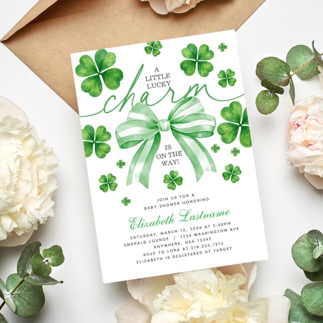 Grön båge Lyckobringande förtrollning Baby Shower Inbjudningar (Green Bow Lucky Charm Baby Shower Invitation
#luckycharmbabyshower
#stpatricksdaybabyshower)