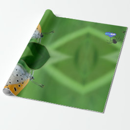 Grön bakgrund & gul, vit fjäril & spindel presentpapper