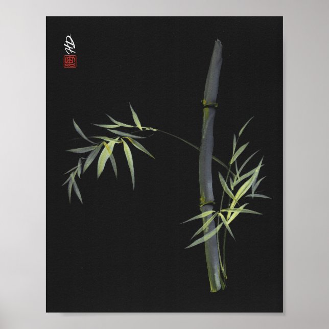 Grön bambu på svart kinesisk penselkonsttryck poster (Framsidan)