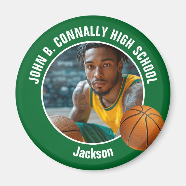 Grön basketspelare gymnasiefoto magnet (Framsidan)
