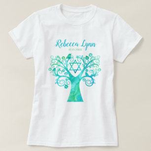 Grön bat mitzvah vattenfärglivets träd för kri t-shirt
