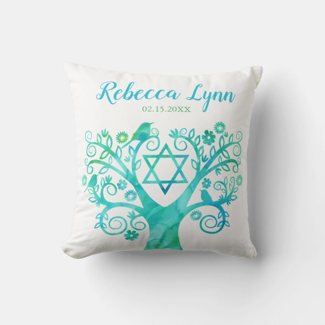 Grön bat mitzvah vattenfärglivets träd för kricka kudde (Framsida)