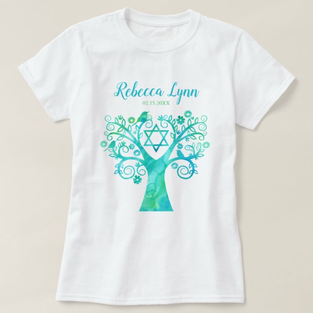 Grön bat mitzvah vattenfärglivets träd för kricka t-shirt (Design framsida)