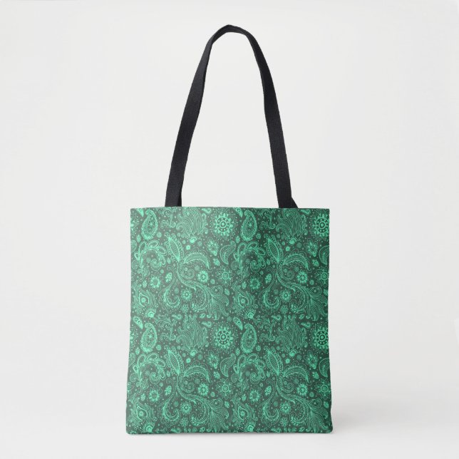 Grön batik boho stil blomster paisley mönster tygkasse (Framsida)