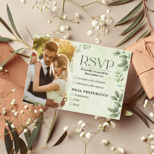 Grön Beige Blommig Foto Bröllop RSVP-kort OSA Kort