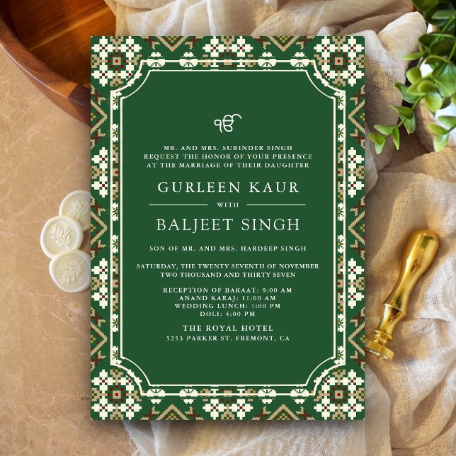Grön Beige Ikat Anand Karaj Sikh Bröllop Inbjudningar (Skapare uppladdad)