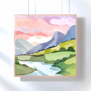 Grön bergssida soluppgång   Akvarell Poster