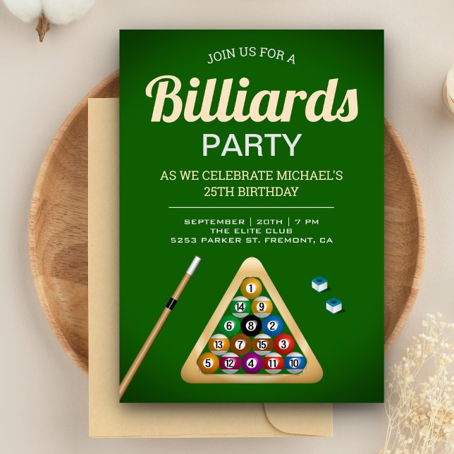 Grön biljardbord Biljard Snooker Födelsedagsfest Inbjudningar (Skapare uppladdad)