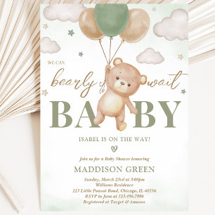 Grön björn ballong baby shower inbjudningar