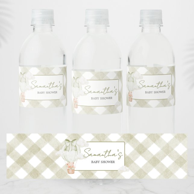 Grön Björn Knappast Vänta Baby Shower Vattenflaskor Etikett (Sage Green Bear Hot Air Balloon Baby Shower Bottle Label)