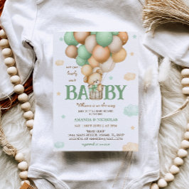 Grön björn varmluftsballong Baby Shower Inbjudningar