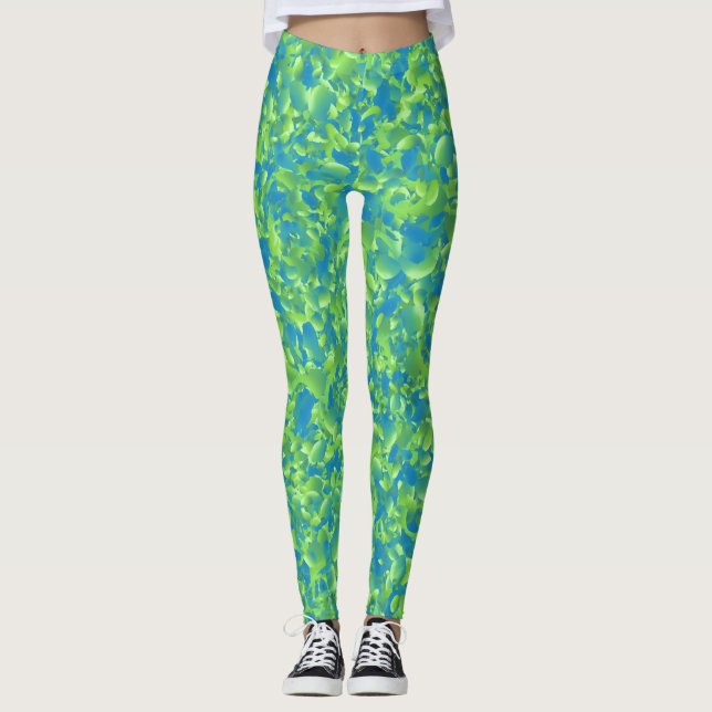 Grön Blå Abstrakt Geometrisk Mönster Leggings (Framsida)