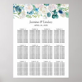 Grön Blå Blommig Bröllopsställningskarta Poster