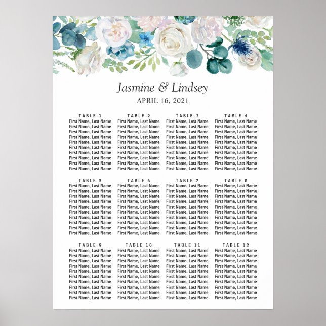 Grön Blå Blommig Bröllopsställningskarta Poster (Framsidan)