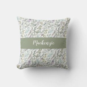 Grön Blå Botanisk Akvarell Monogram Namn Kudde