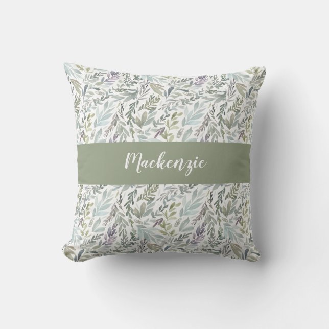 Grön Blå Botanisk Akvarell Monogram Namn Kudde (Framsida)